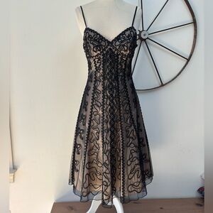 Sue Wong beaded tea length midi a-line black and tan dress 6 $595